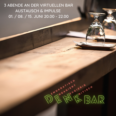 Bartheke mit Infotext darüber: 3 Abende an der virtuellen Bar