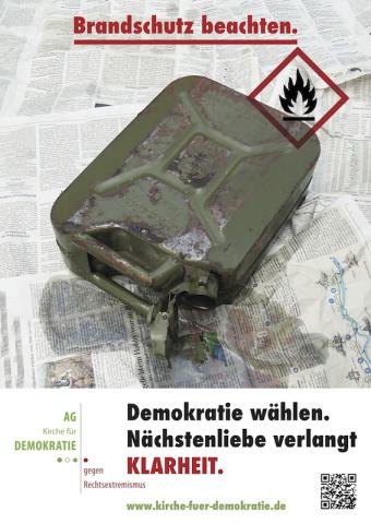Plakatmotiv mit auslaufendem Benzinkanister auf Zeitungspapier und Text „Brandschutz beachten“